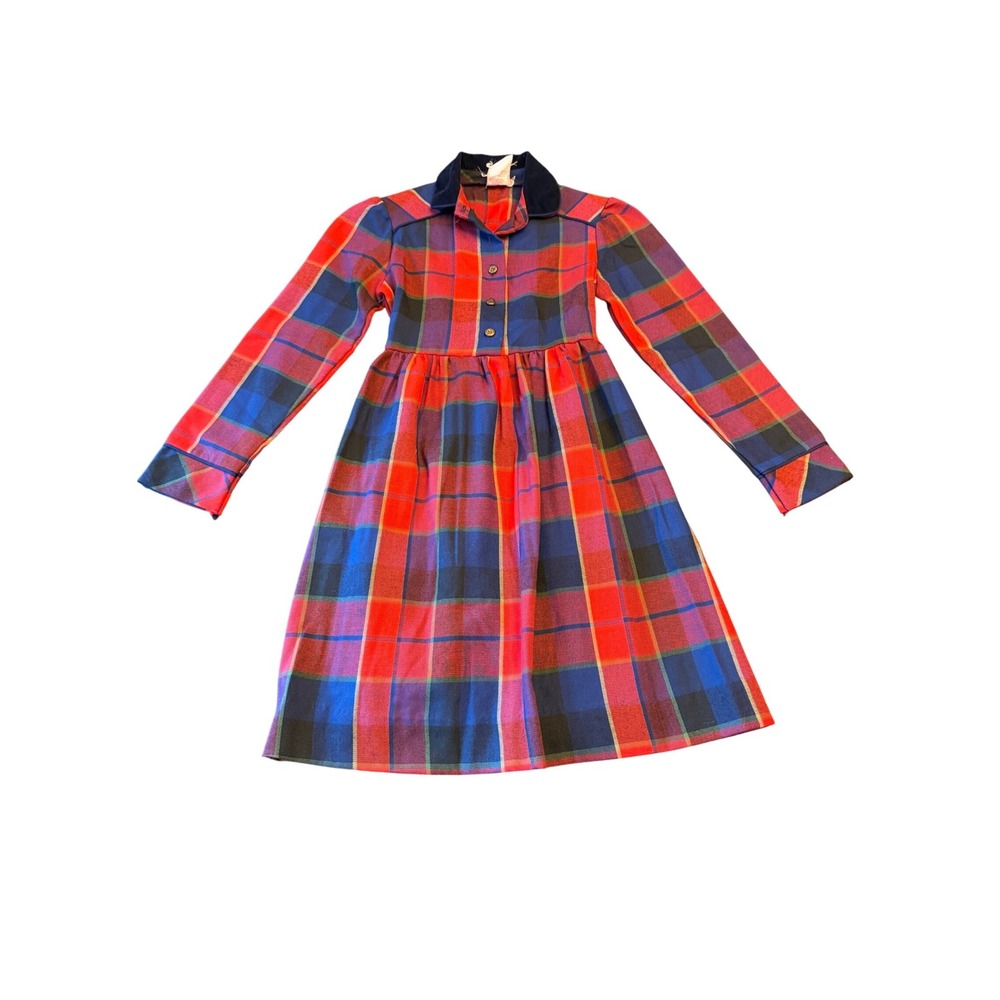 Girls Plaid Button Up Dress Blue Red Black Collar Size 7 Love Brand‎ Made USA